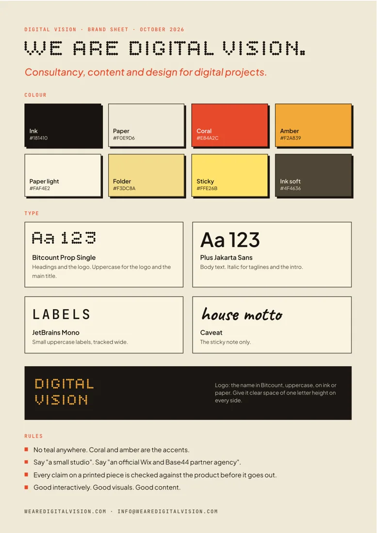 Digital Vision brand sheet: colours, type and logo rules