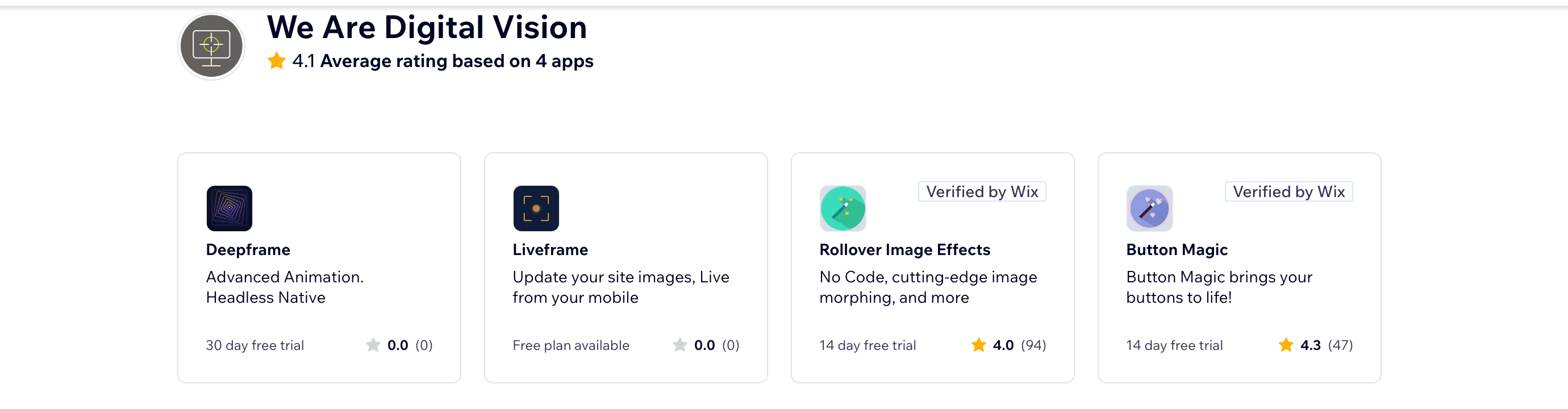 Digital Vision's developer page on the Wix App Market, showing four apps and their ratings