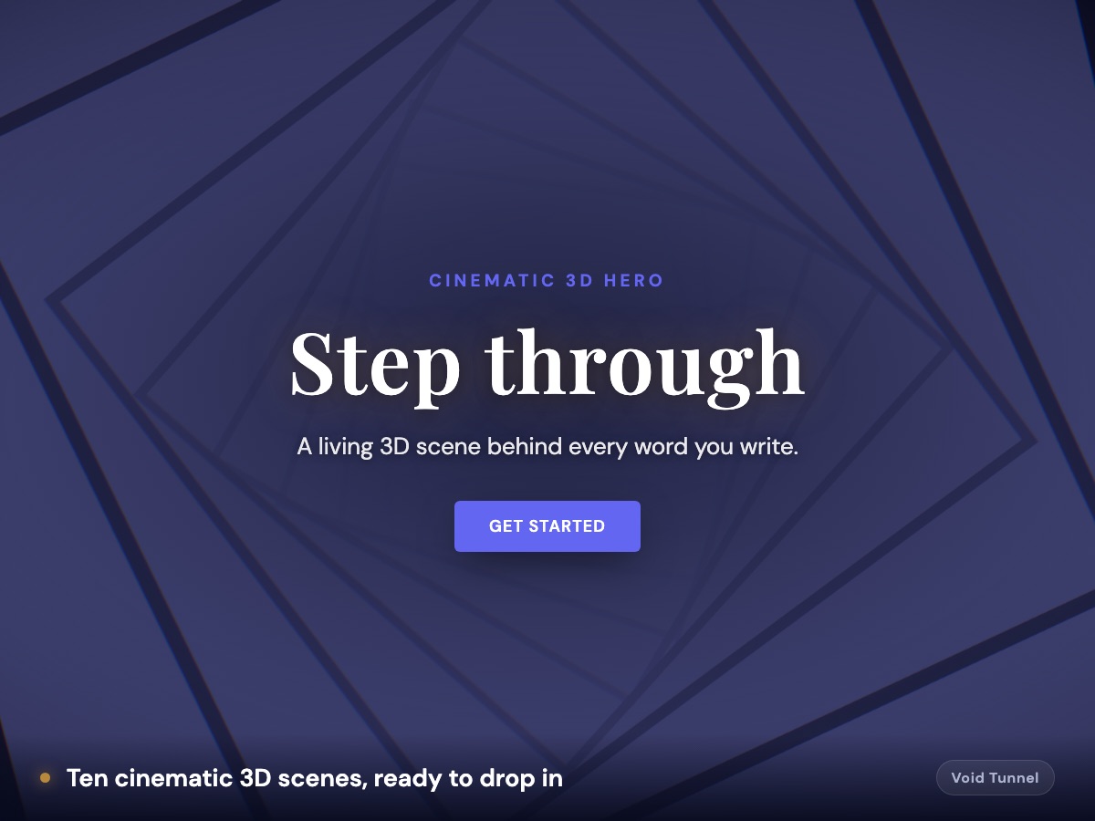 A DeepFrame hero scene: a slowly turning tunnel of dark blue frames behind a headline
